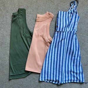 Green and Peach Tanks and Blue Striped Dresses